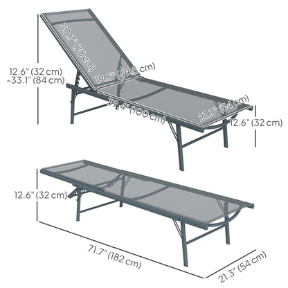 2 Pieces Folding Outdoor Lounge Chairs, Reclining Chaise Lounge Tanning Chair w/ Adjustable Back, Mesh Seat, Light Grey
