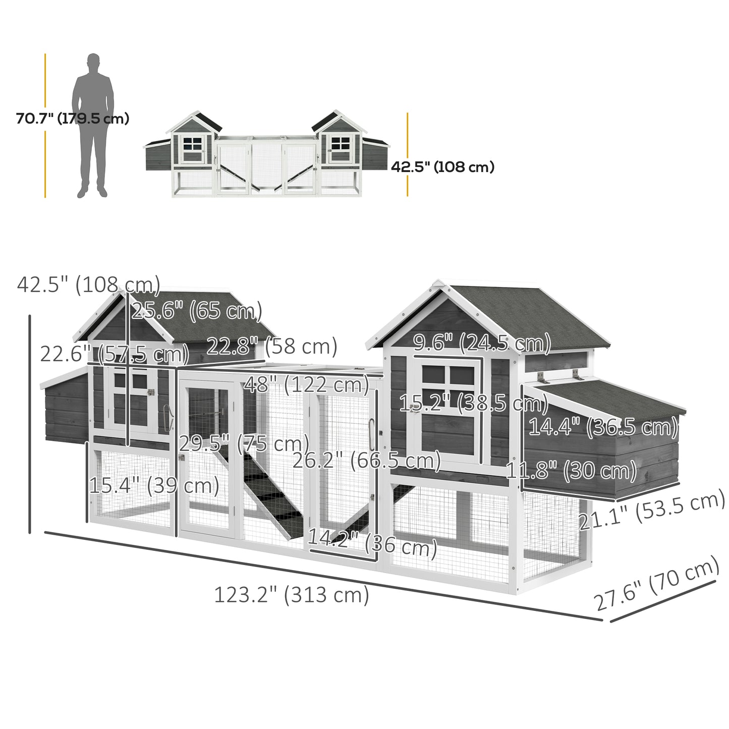 123" Extra Large Chicken Coop Wooden Poultry House Rabbit Hutch Hen Backyard with Run Ramps and Nesting Boxes, Grey