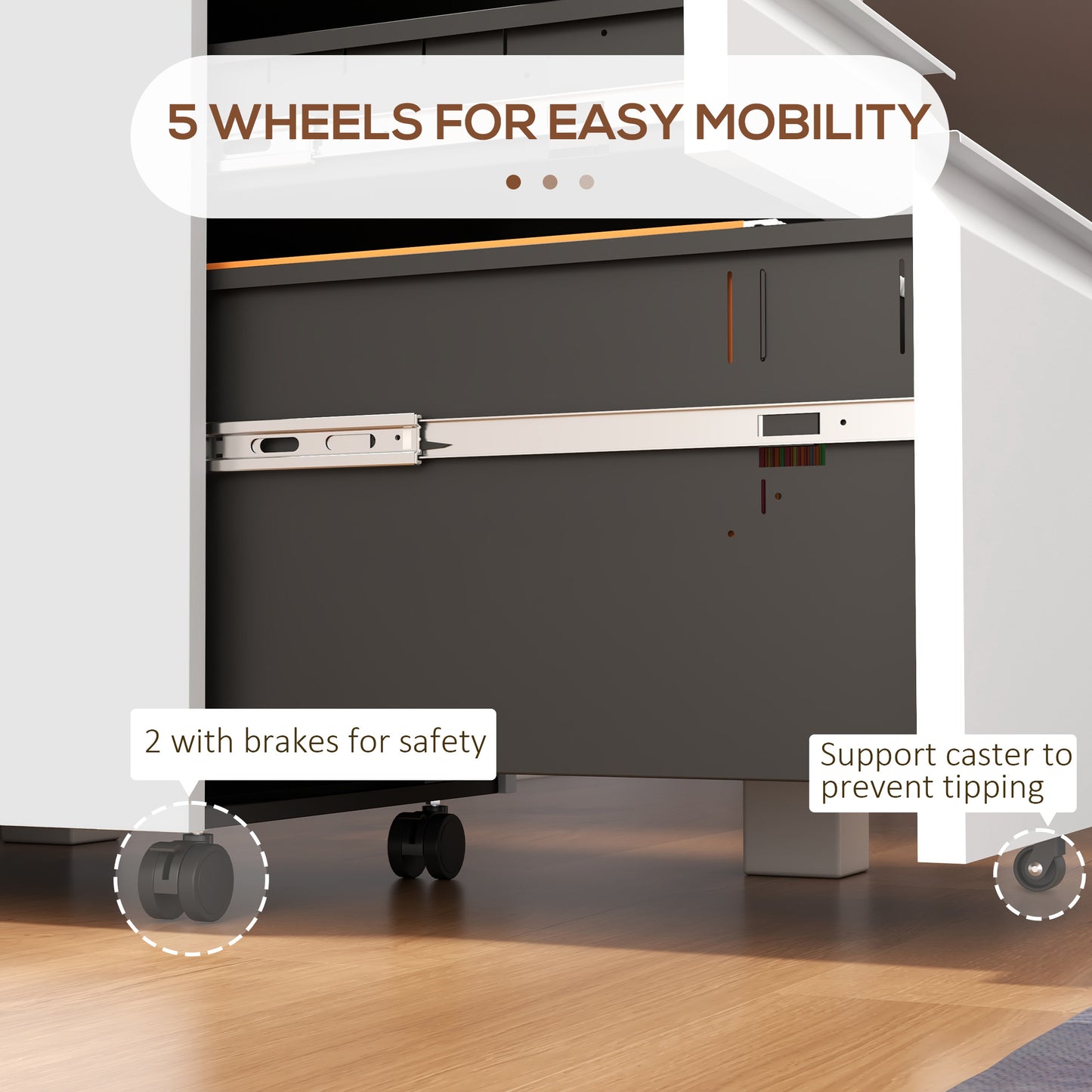3 Drawer File Cabinet with Lock, Steel Vertical Filing Cabinet with 5 Wheels and Hanging Bar for A4/Legal/Letter, Home Office Printer Stand with Pre-Assembled Body, White