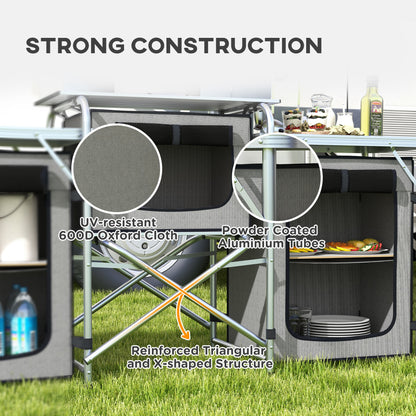 Aluminum Camping Kitchen, Portable Folding Camping Table with Fabric Cupboards, Windshield, Bag for BBQ, Picnic, Grey