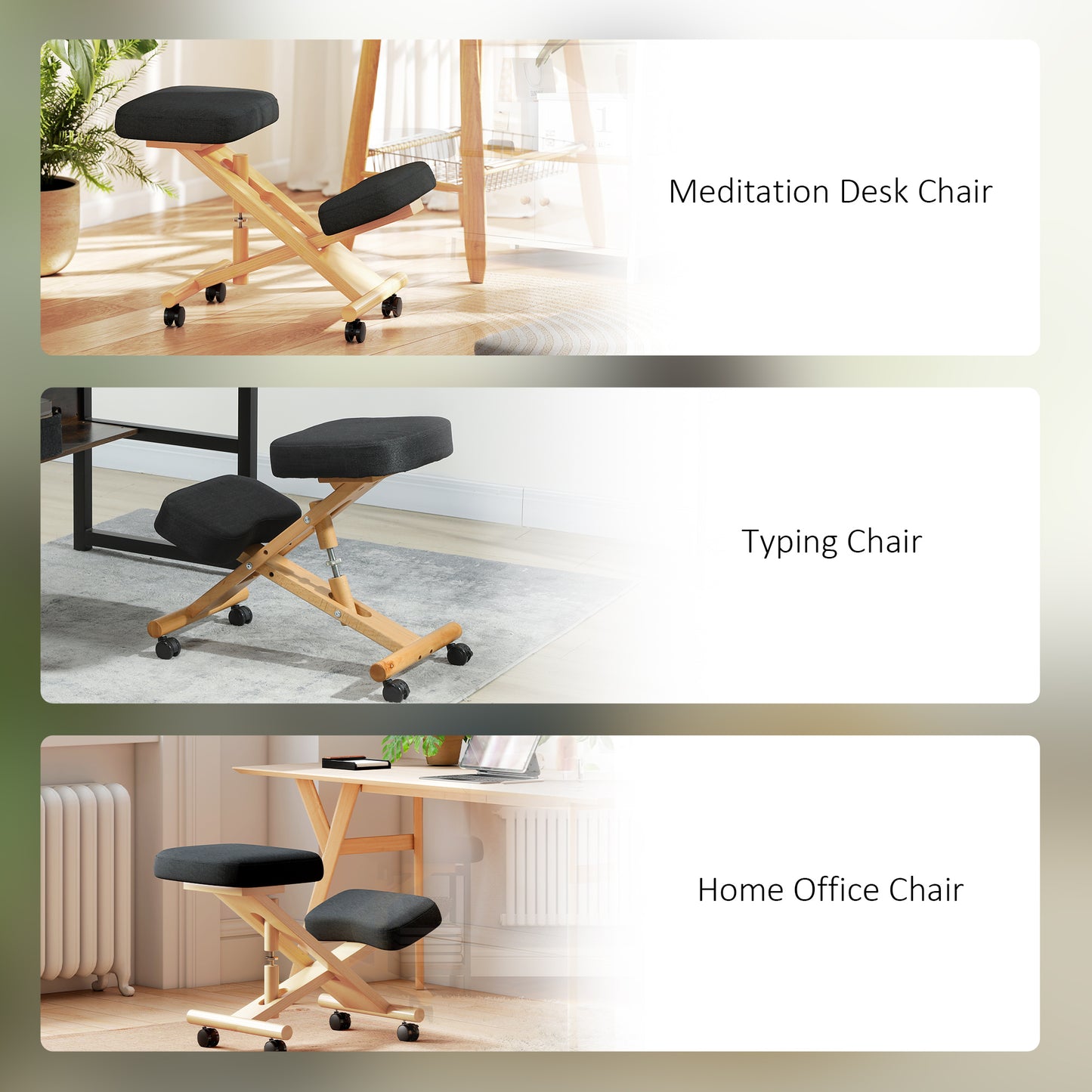 Ergonomic Kneeling Chair, Posture Chair with Rubberwood Frame, Rolling Wheels for Office, Posture Correction, Black
