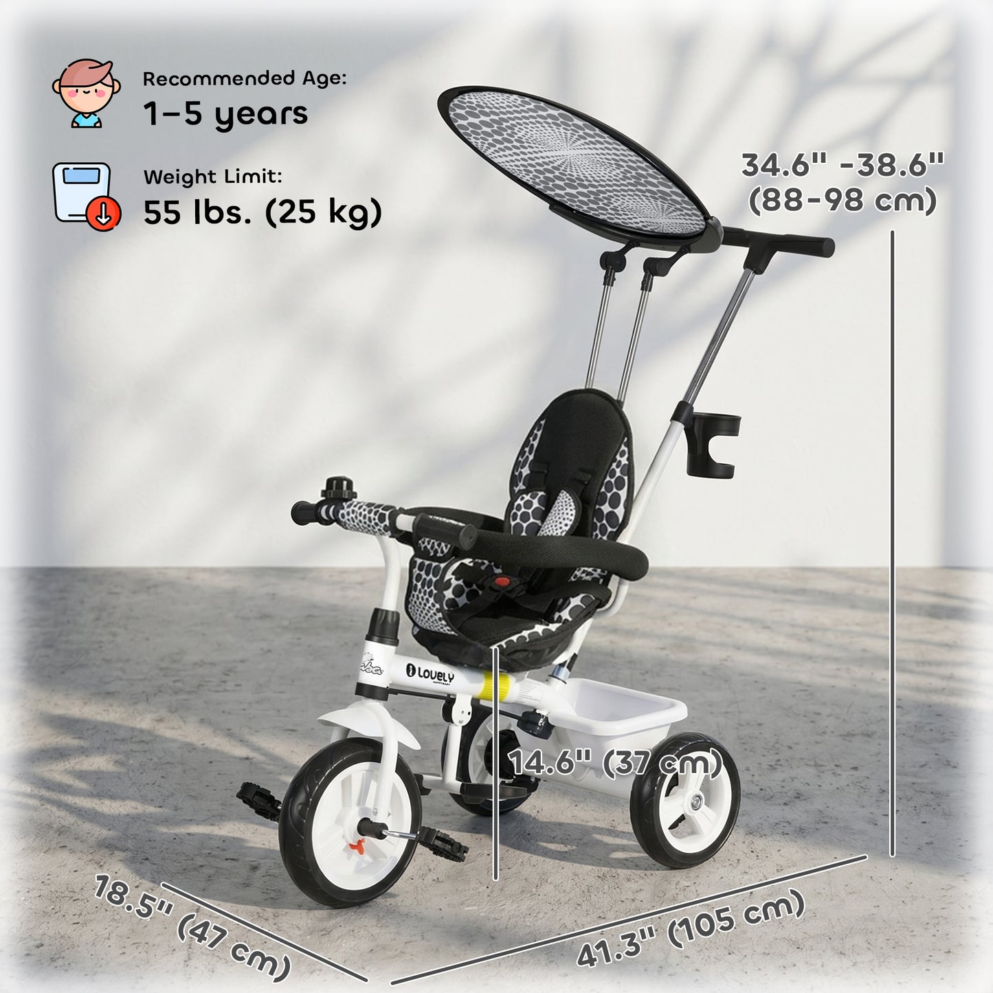 Qaba 6 in 1 Kids Tricycle with Removable Handlebar and Canopy, White